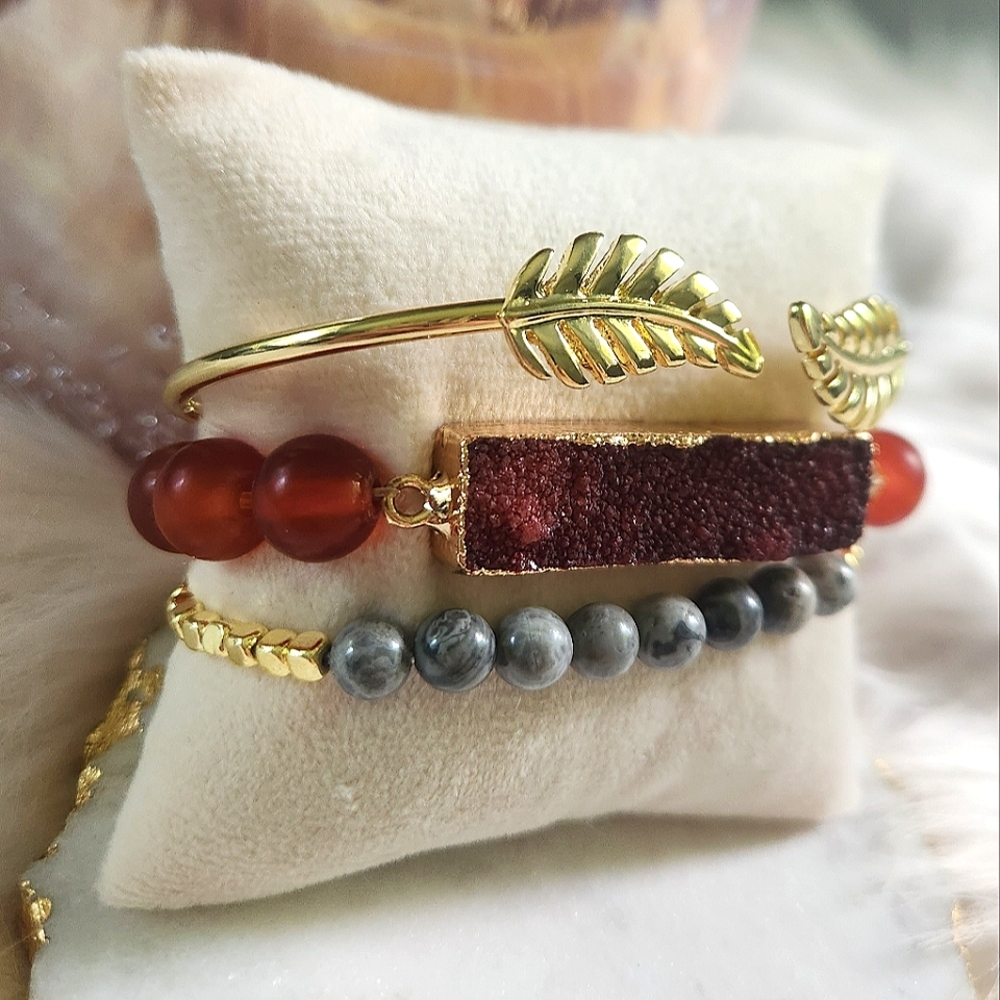 NWT Ryze Natural Stone Druzy and Golden Cuff Beaded Stack Bracelets - Set of 3